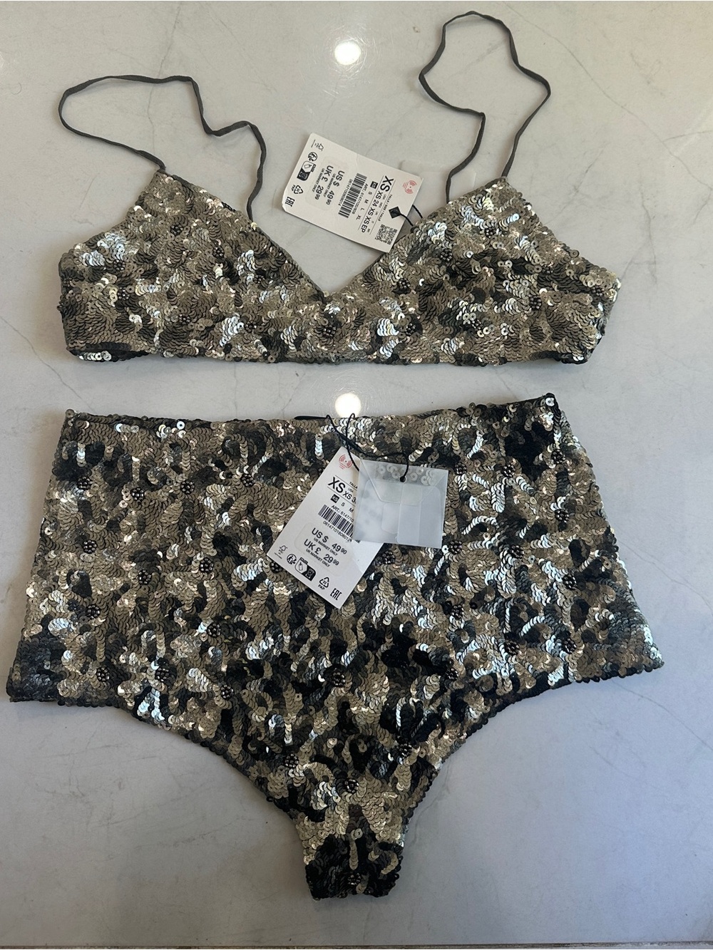 Zara Silver & Black Sequin Bralette with High-Waist Brief
